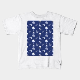 Sailing Illustrative Pattern White on Navy Blue Kids T-Shirt